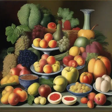 The painting depicts a bountiful table filled with fruits, vegetables, and other forms of sustenance.