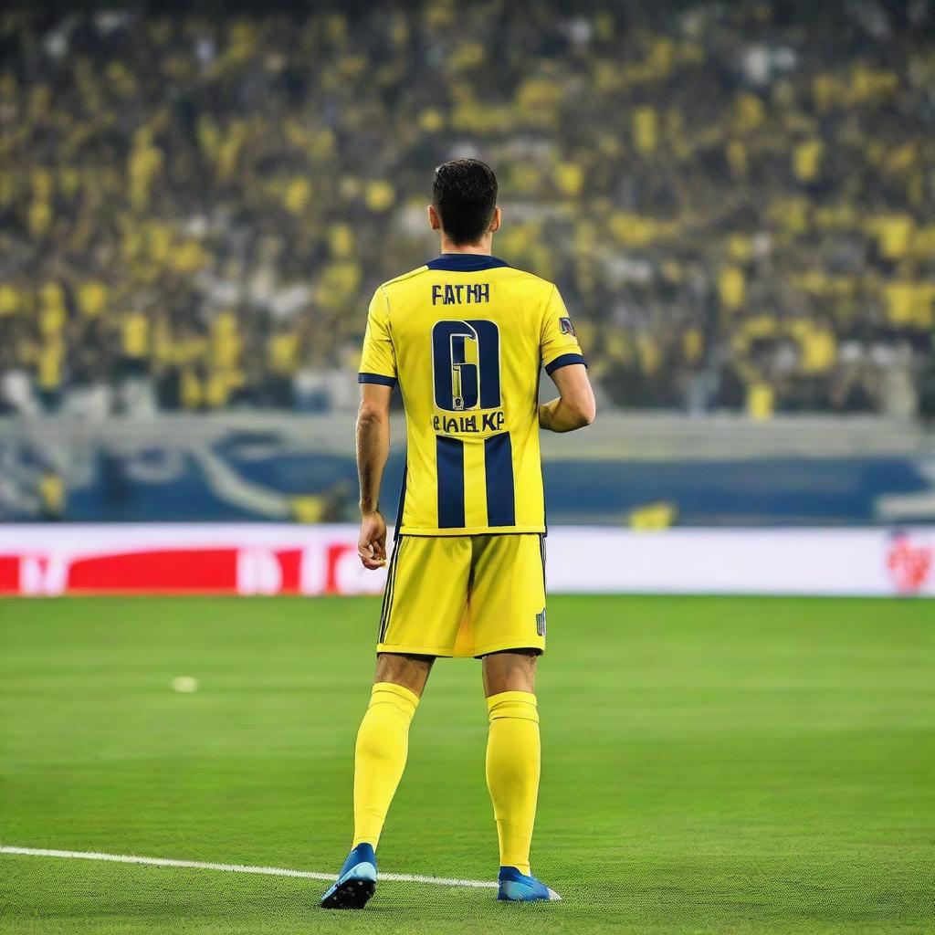 Back view of a soccer player named FATIH, wearing a jersey with number 68, on the vibrant field in front of the cheering crowd at Fenerbahçe Ülker stadium.