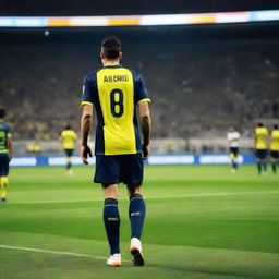 Back view of a soccer player, 'FATIH', wearing a jersey with number 68, in action on the field in front of enthusiastic crowd at Fenerbahçe Ülker stadium.