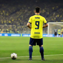 Back view of a soccer player, 'FATIH', wearing a jersey with number 68, in action on the field in front of enthusiastic crowd at Fenerbahçe Ülker stadium.