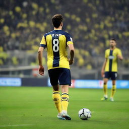 Back view of a soccer player, 'FATIH', wearing a jersey with number 68, in action on the field in front of enthusiastic crowd at Fenerbahçe Ülker stadium.