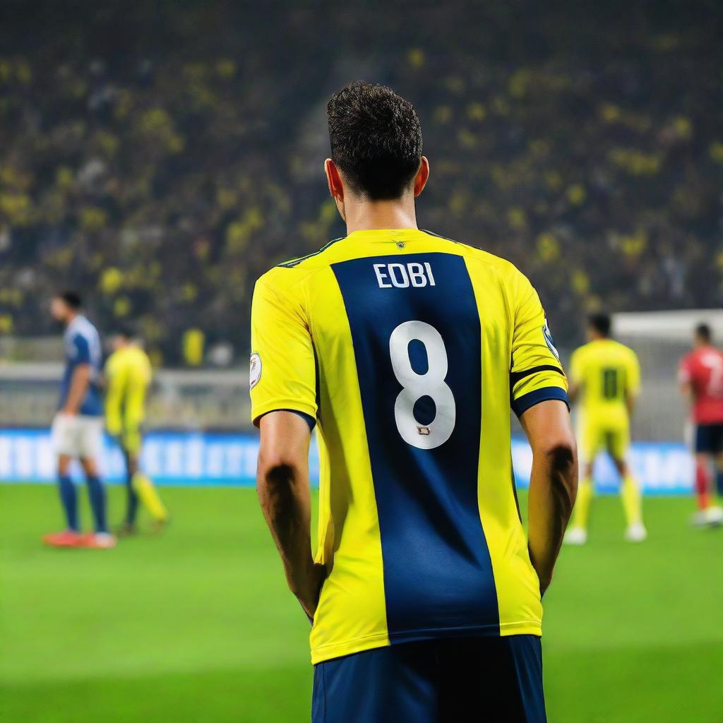 Back view of a soccer player, 'FATIH', wearing a jersey with number 68, in action on the field in front of enthusiastic crowd at Fenerbahçe Ülker stadium.