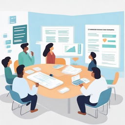 Visualize a team meeting where transparent communication is taking place, team members discussing progress, potential changes, future challenges, and encouraging feedback sharing