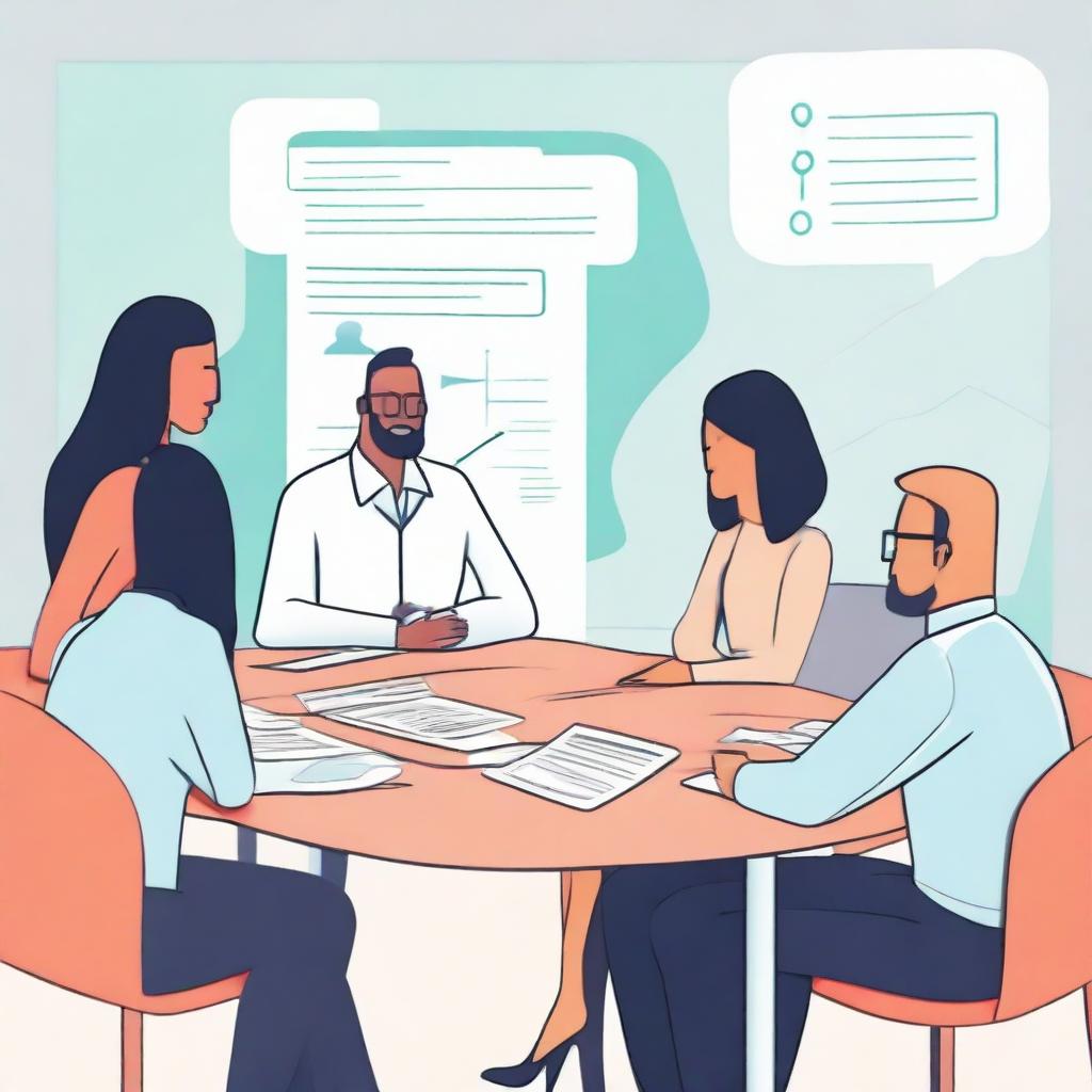 Visualize a team meeting where transparent communication is taking place, team members discussing progress, potential changes, future challenges, and encouraging feedback sharing