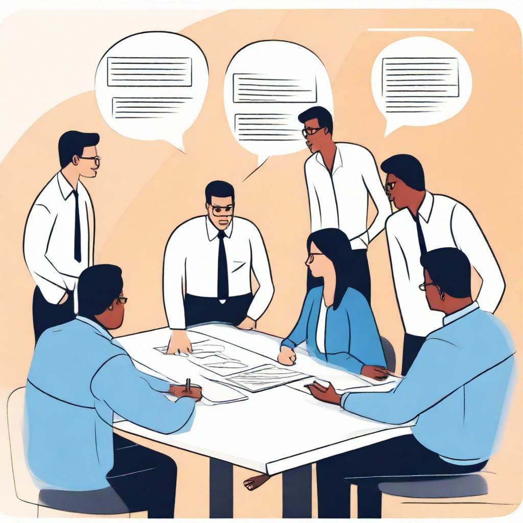 Visualize a team meeting where transparent communication is taking place, team members discussing progress, potential changes, future challenges, and encouraging feedback sharing