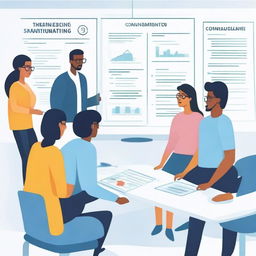 Visualize a team meeting where transparent communication is taking place, team members discussing progress, potential changes, future challenges, and encouraging feedback sharing