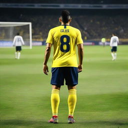 Back view of a soccer player, 'CELEN', wearing a jersey with number 68, standing on the field with Fenerbahçe Ülker stadium's audience cheering in the background.