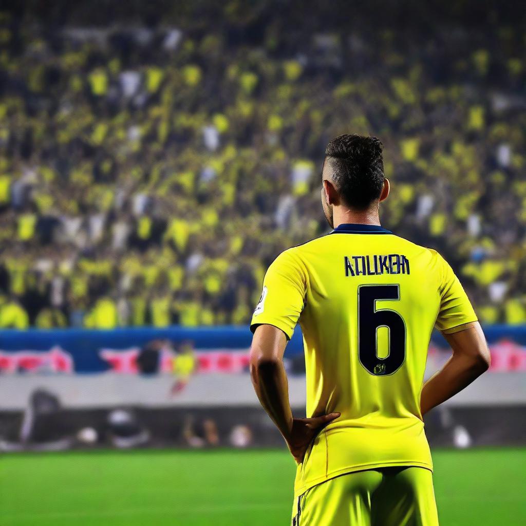 Back view of a soccer player, 'CELEN', wearing a jersey with number 68, standing on the field with Fenerbahçe Ülker stadium's audience cheering in the background.