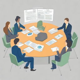 Create a visual of a stakeholder engagement meeting involving discussions about project objectives, consultation, and resulting satisfaction of parties involved.