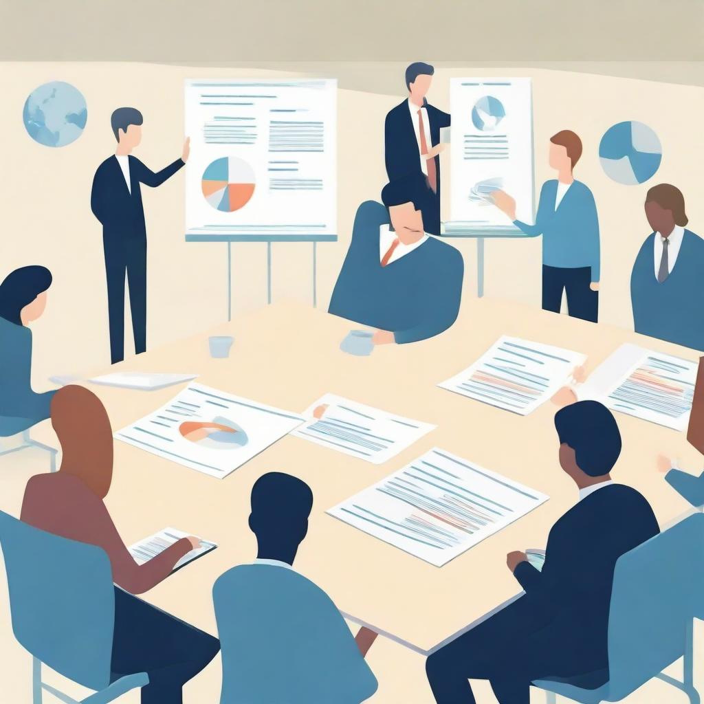 Create a visual of a stakeholder engagement meeting involving discussions about project objectives, consultation, and resulting satisfaction of parties involved.