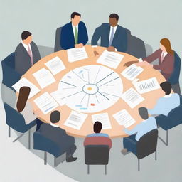 Create a visual of a stakeholder engagement meeting involving discussions about project objectives, consultation, and resulting satisfaction of parties involved.