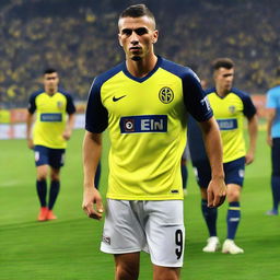 Soccer player 'CELEN' taking his first step onto the field at Fenerbahçe Ülker stadium, wearing a jersey with number 68 and 'CELEN' written on the back.