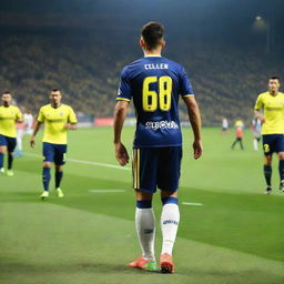 Soccer player 'CELEN' taking his first step onto the field at Fenerbahçe Ülker stadium, wearing a jersey with number 68 and 'CELEN' written on the back.