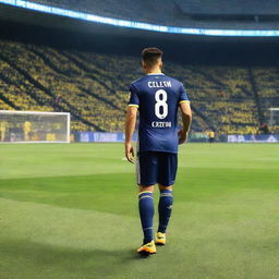 Soccer player 'CELEN' taking his first step onto the field at Fenerbahçe Ülker stadium, wearing a jersey with number 68 and 'CELEN' written on the back.