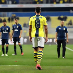 Soccer player 'CELEN' taking his first step onto the field at Fenerbahçe Ülker stadium, wearing a jersey with number 68 and 'CELEN' written on the back.