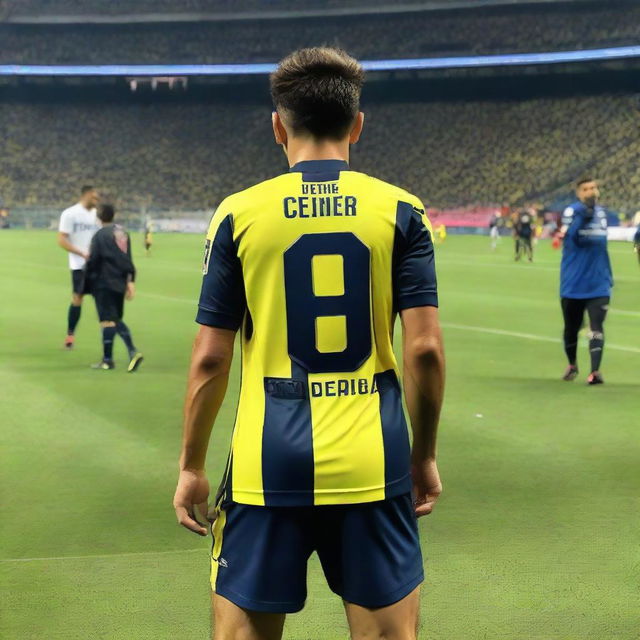 Soccer player 'ÇELEN' stepping onto Fenerbahçe Ülker Stadium's field for the first time, wearing a jersey with 'ÇELEN' emblazoned on the back and the number 68.