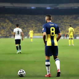 Soccer player 'ÇELEN' stepping onto Fenerbahçe Ülker Stadium's field for the first time, wearing a jersey with 'ÇELEN' emblazoned on the back and the number 68.