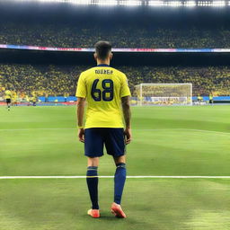 Soccer player 'ÇELEN' stepping onto Fenerbahçe Ülker Stadium's field for the first time, wearing a jersey with 'ÇELEN' emblazoned on the back and the number 68.