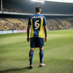 Soccer player 'CELEN' taking his first step onto the pitch at Fenerbahçe Ülker stadium, wearing a jersey with 'CELEN' on the back and number 68, showcasing a swallow tattoo on his arm.