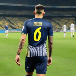 Soccer player 'CELEN' taking his first step onto the pitch at Fenerbahçe Ülker stadium, wearing a jersey with 'CELEN' on the back and number 68, showcasing a swallow tattoo on his arm.