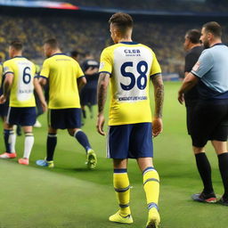 Soccer player 'CELEN' taking his first step onto the pitch at Fenerbahçe Ülker stadium, wearing a jersey with 'CELEN' on the back and number 68, showcasing a swallow tattoo on his arm.