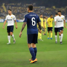 Soccer player 'CELEN' taking his first step onto the pitch at Fenerbahçe Ülker stadium, wearing a jersey with 'CELEN' on the back and number 68, showcasing a swallow tattoo on his arm.