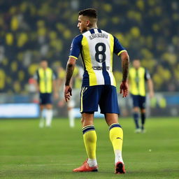 Soccer player 'CELEN' stepping onto the pitch of Fenerbahçe Ülker Stadium. 'CELEN' is on his jersey's back with number 68, and he has a swallow bird tattoo on his arm.