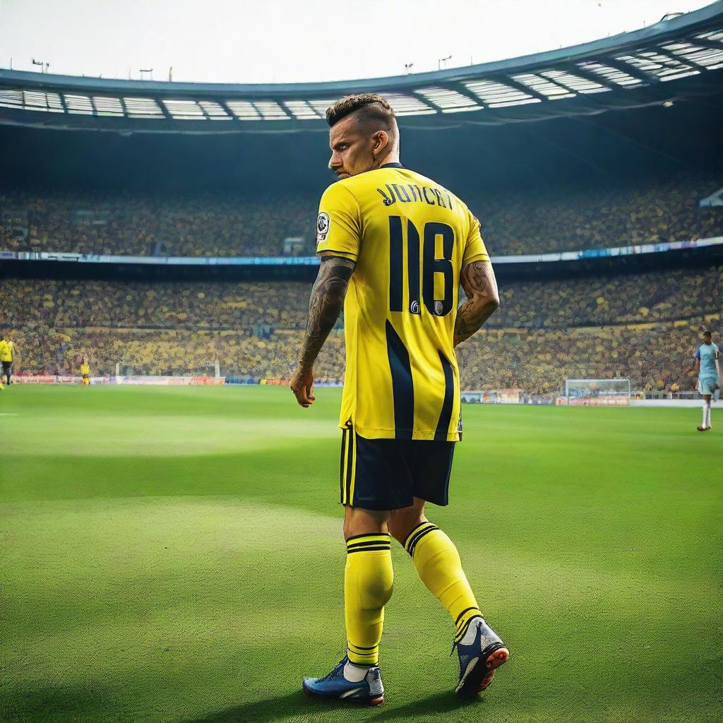 Soccer player 'CELEN' stepping onto the pitch of Fenerbahçe Ülker Stadium. 'CELEN' is on his jersey's back with number 68, and he has a swallow bird tattoo on his arm.