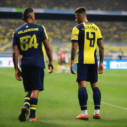 Soccer player 'CELEN' stepping onto the pitch of Fenerbahçe Ülker Stadium. 'CELEN' is on his jersey's back with number 68, and he has a swallow bird tattoo on his arm.