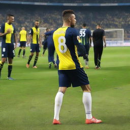 Soccer player 'CELEN' stepping onto the pitch of Fenerbahçe Ülker Stadium. 'CELEN' is on his jersey's back with number 68, and he has a swallow bird tattoo on his arm.