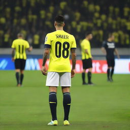 'CELEN' stepping onto the pitch at Fenerbahçe Ülker Stadium, his jersey has 'CELEN' on the back and number 68, showcasing a distinctive swallow tattoo on his arm.