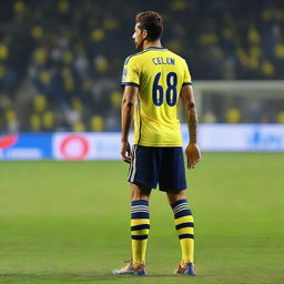 'CELEN' stepping onto the pitch at Fenerbahçe Ülker Stadium, his jersey has 'CELEN' on the back and number 68, showcasing a distinctive swallow tattoo on his arm.