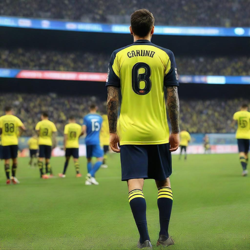 'CELEN' stepping onto the pitch at Fenerbahçe Ülker Stadium, his jersey has 'CELEN' on the back and number 68, showcasing a distinctive swallow tattoo on his arm.