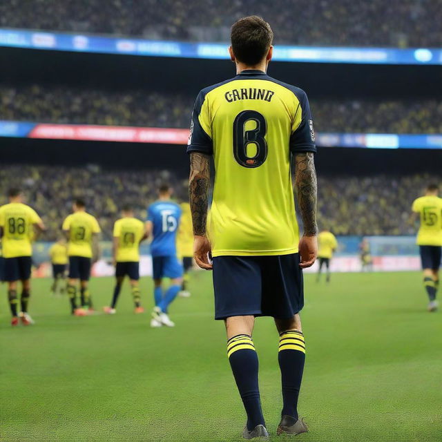 'CELEN' stepping onto the pitch at Fenerbahçe Ülker Stadium, his jersey has 'CELEN' on the back and number 68, showcasing a distinctive swallow tattoo on his arm.