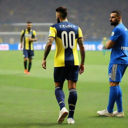 Soccer player 'CELEN', stepping onto the pitch at Fenerbahçe Ülker Stadium, with 'CELEN' emblazoned on his jersey's back and number 68, flaunting a swallow tattoo on his arm.