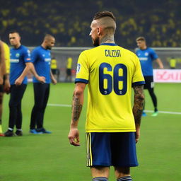 Soccer player 'CELEN', stepping onto the pitch at Fenerbahçe Ülker Stadium, with 'CELEN' emblazoned on his jersey's back and number 68, flaunting a swallow tattoo on his arm.