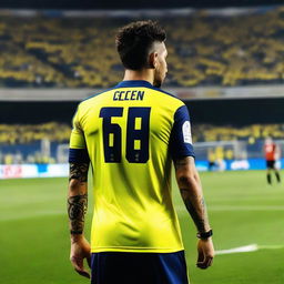 Soccer player 'CELEN', stepping onto the pitch at Fenerbahçe Ülker Stadium, with 'CELEN' emblazoned on his jersey's back and number 68, flaunting a swallow tattoo on his arm.