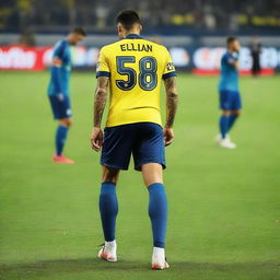 Soccer player 'CELEN', stepping onto the pitch at Fenerbahçe Ülker Stadium, with 'CELEN' emblazoned on his jersey's back and number 68, flaunting a swallow tattoo on his arm.