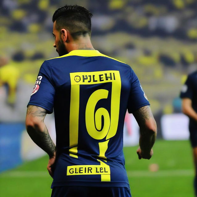 'ÇELEN', taking the first step onto the pitch at Fenerbahçe Ülker Stadium, with 'ÇELEN' marked on his jersey's back and number 68, adorning a vivid swallow tattoo on his arm.