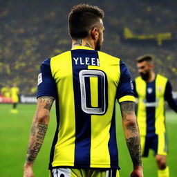 'ÇELEN', taking the first step onto the pitch at Fenerbahçe Ülker Stadium, with 'ÇELEN' marked on his jersey's back and number 68, adorning a vivid swallow tattoo on his arm.