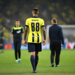 'ÇELEN', taking the first step onto the pitch at Fenerbahçe Ülker Stadium, with 'ÇELEN' marked on his jersey's back and number 68, adorning a vivid swallow tattoo on his arm.