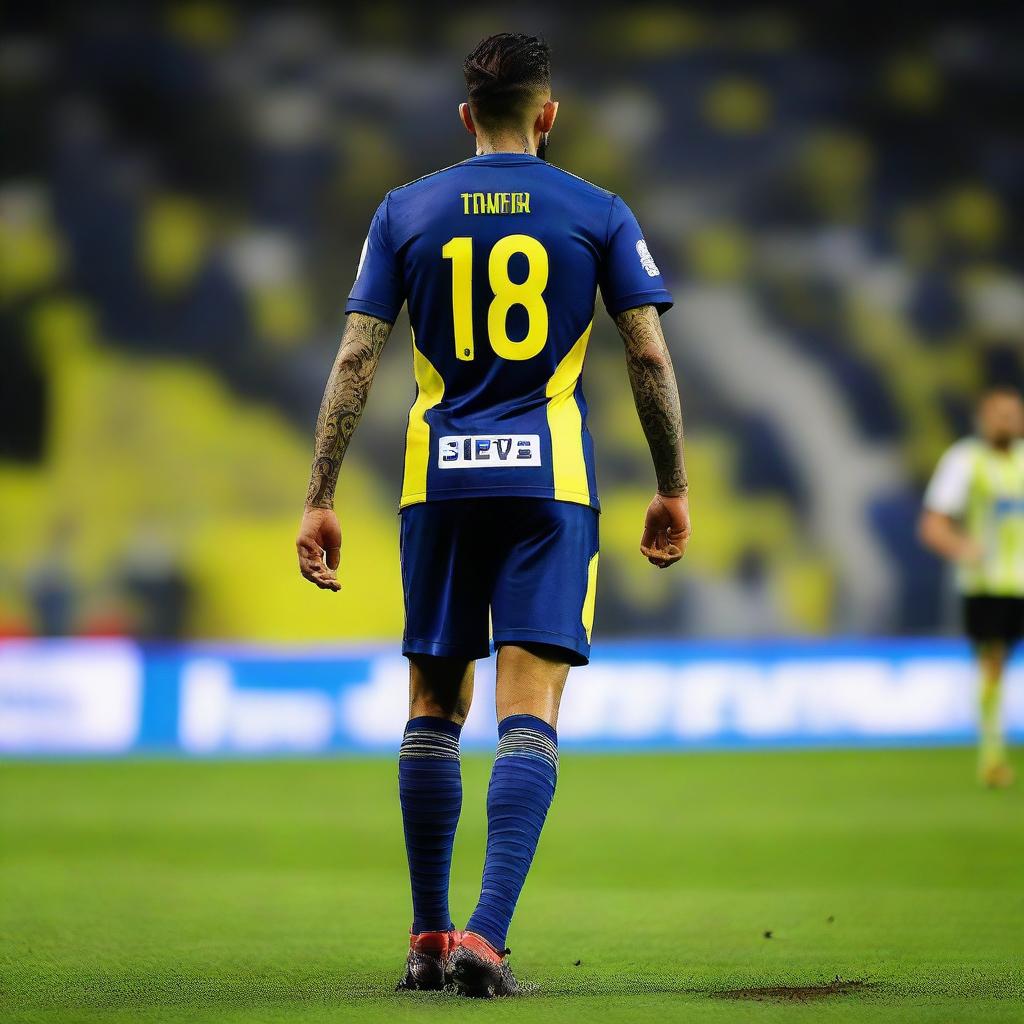 A soccer player with a swallow tattoo on his arm, wearing a jersey with the number 68, takes his dramatic first step into Fenerbahçe Ülker Stadium.