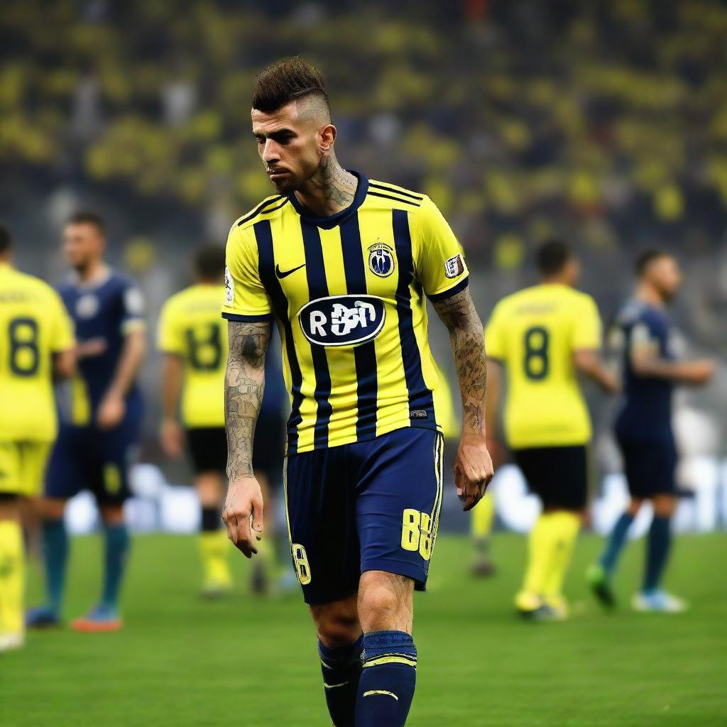 A soccer player with a swallow tattoo on his arm, wearing a jersey with the number 68, takes his dramatic first step into Fenerbahçe Ülker Stadium.