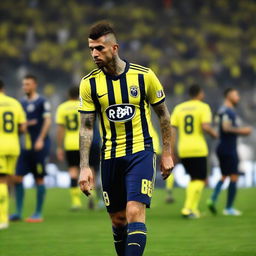 A soccer player with a swallow tattoo on his arm, wearing a jersey with the number 68, takes his dramatic first step into Fenerbahçe Ülker Stadium.