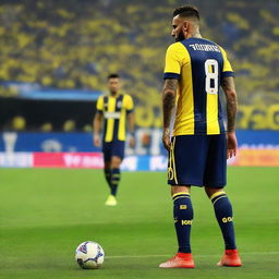 A soccer player with a swallow tattoo on his arm, wearing a jersey with the number 68, takes his dramatic first step into Fenerbahçe Ülker Stadium.