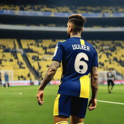 A soccer player with a swallow tattoo on his arm, wearing a jersey with the number 68, takes his dramatic first step into Fenerbahçe Ülker Stadium.