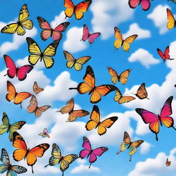 A partly cloudy sky with numerous vibrant butterflies streaming from one direction