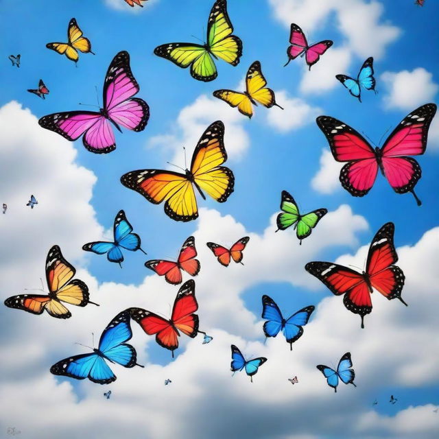 A partly cloudy sky with numerous vibrant butterflies streaming from one direction