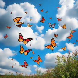 A partly cloudy sky with numerous vibrant butterflies streaming from one direction