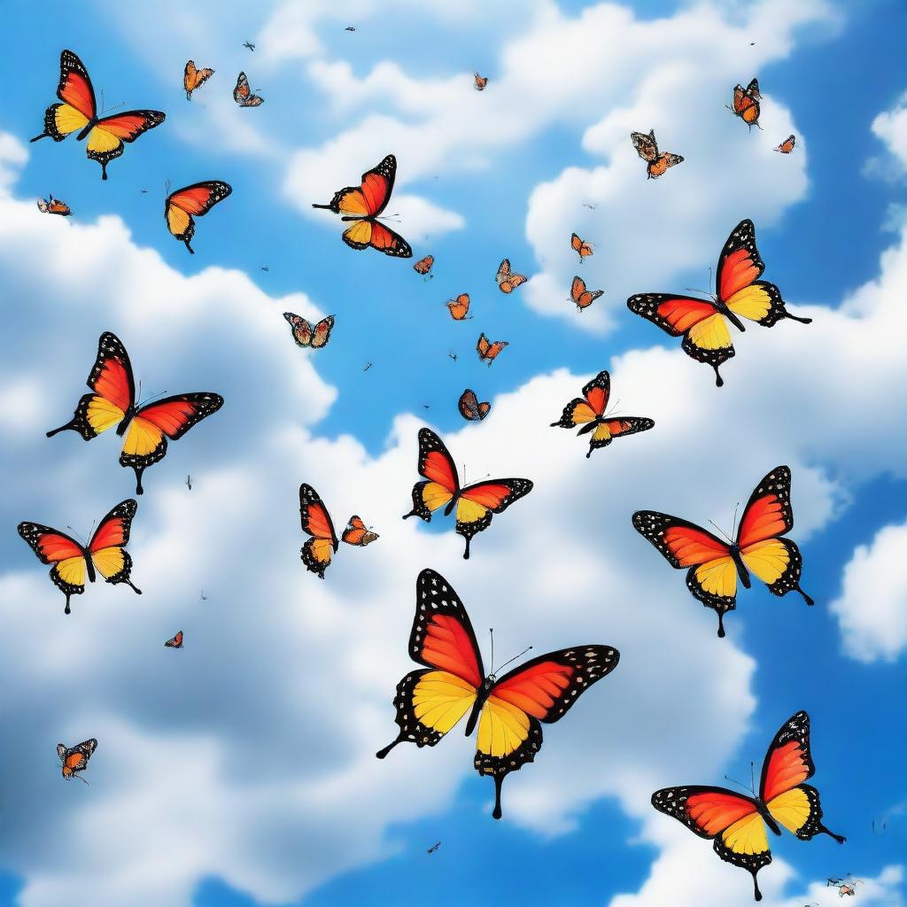 A partly cloudy sky with numerous vibrant butterflies streaming from one direction